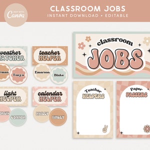 Classroom Job Display, Editable Retro Canva Templates, Pastel Groovy Classroom Decor, Teacher Management, PDFs + Templates