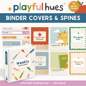 Peut inclure: Une collection de couvertures et de dos de classeurs intitulée Playful Hues, avec des illustrations colorées de crayons, pommes, soleils et nuages. L'ensemble comprend diverses étiquettes comme Classroom Routines, Student Data et Meeting Notes, avec un classeur blanc affichant le texte Weekly Overviews sur sa couverture.