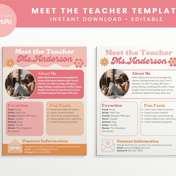 Meet the Teacher Classroom Printable Template, Teacher Introduction, Groovy Retro Classroom Canva, INSTANT DOWNLOAD Canva Editable Template