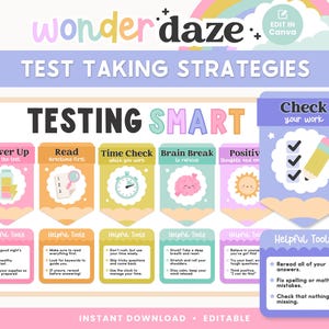 Op de afbeelding: Een kleurrijke educatieve poster getiteld "Teststrategieën" met de tekst "Testing Smart". Het bevat geïllustreerde tips zoals "Power Up", "Eerst lezen" en "Controleer je werk". De poster is ontworpen met pastelkleuren en speelse graphics.