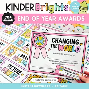 Puede incluir: Un conjunto de premios imprimibles de fin de año para estudiantes de kindergarten. Los premios presentan diseños coloridos con texto como "Puzzle Prodigy", "Master Builder", "Changing the World" y "Picture Perfect".