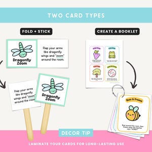 May include: Two different ways to use printable activity cards for kids. One option is to fold and stick the cards to create a stand-up activity. The other option is to create a booklet. The cards feature a dragonfly and a bee with instructions for movement activities. The text on the cards reads "Dragonfly Zoom" and "Buzz & Freeze".