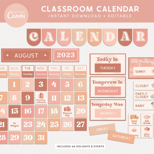 Bearbeitbares Boho Klassenzimmer Kalender Display und Wetterstation, druckbare Lehrer Vorlage, Canva Neutral Klassenzimmer Dekor