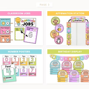 May include: A colorful educational poster set with the text "Classroom Jobs", "Affirmation Station", "Number Posters", and "Birthday Display". The set includes various charts, labels, and illustrations for classroom organization and decoration.