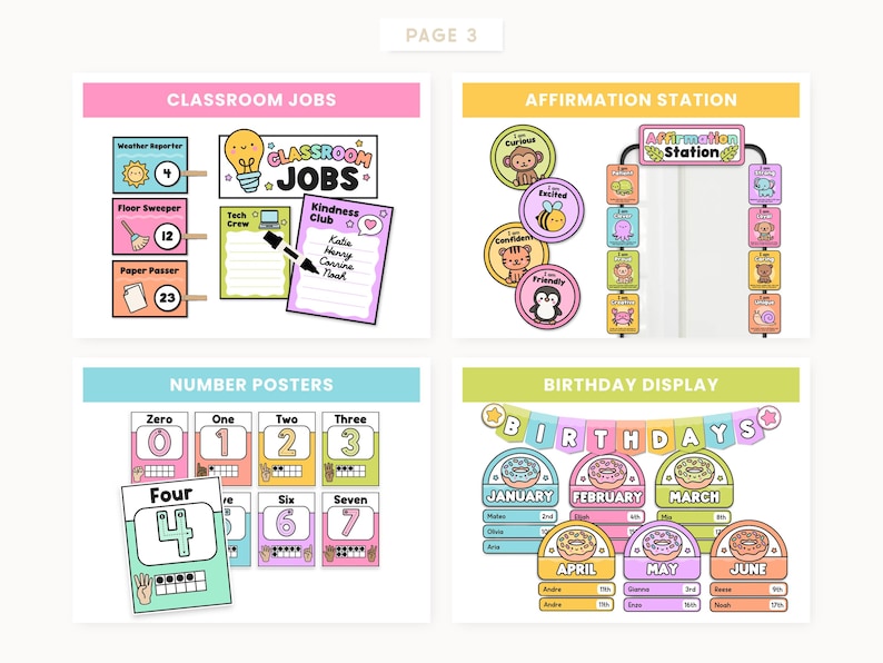 May include: A colorful educational poster set with the text "Classroom Jobs", "Affirmation Station", "Number Posters", and "Birthday Display". The set includes various charts, labels, and illustrations for classroom organization and decoration.