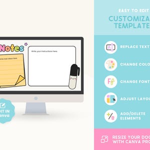 May include: A computer monitor displays a customizable template with the word "Notes" and a notepad graphic. The image includes text that says "Easy to Edit Customizable Templates" and options to replace text, change colors, fonts, and layout.