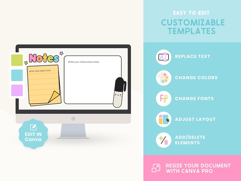 May include: A computer monitor displays a customizable template with the word "Notes" and a notepad graphic. The image includes text that says "Easy to Edit Customizable Templates" and options to replace text, change colors, fonts, and layout.