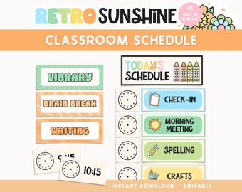 Retro Sunshine Classroom Schedule Cards | Editable Canva Daily Schedule Display | Groovy Rainbow Elementary Classroom Decor