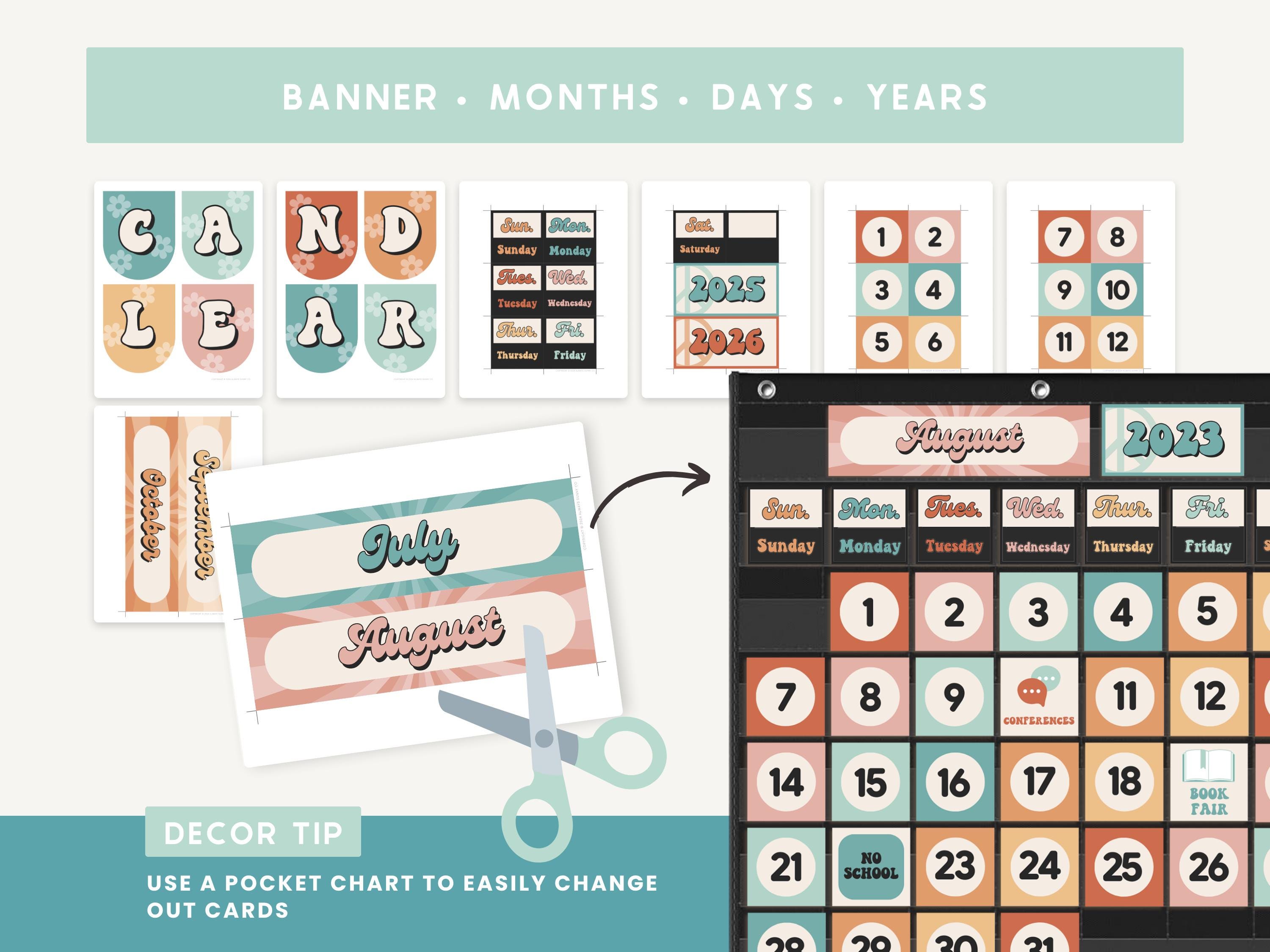 Classroom Calendar Display and Weather Station, Printable Groovy Retro ...