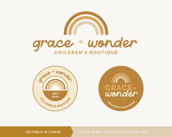 Può includere: Modello di logo per una boutique per bambini chiamata "grace + wonder". Il logo presenta un arcobaleno su sfondo bianco e il testo "grace + wonder" in un font scritto a mano. Il testo "CHILDREN'S BOUTIQUE" è sotto l'arcobaleno.