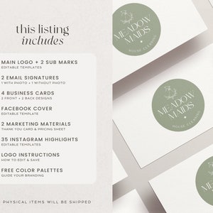 Puede incluir: Una descarga digital para un dise&ntilde;o de logotipo de negocio de limpieza de casas. El logotipo presenta un c&iacute;rculo verde con el texto "Meadow Maids House Cleaning" en blanco. La lista incluye un logotipo principal, dos submarcas, dos firmas de correo electr&oacute;nico, cuatro tarjetas de presentaci&oacute;n, una portada de Facebook, dos materiales de marketing, 35 destacados de Instagram, instrucciones de logotipo y paletas de colores gratuitas.