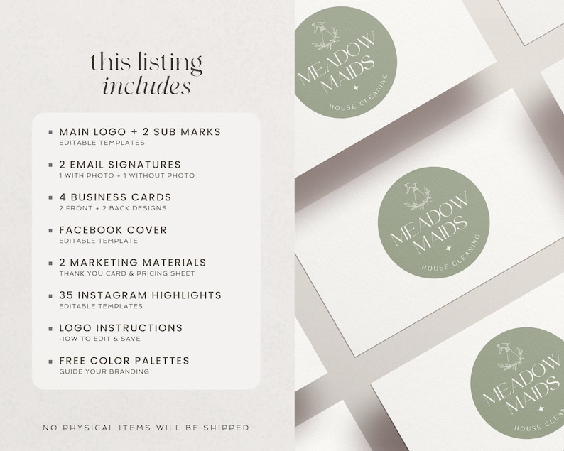 Puede incluir: Una descarga digital para un dise&ntilde;o de logotipo de negocio de limpieza de casas. El logotipo presenta un c&iacute;rculo verde con el texto "Meadow Maids House Cleaning" en blanco. La lista incluye un logotipo principal, dos submarcas, dos firmas de correo electr&oacute;nico, cuatro tarjetas de presentaci&oacute;n, una portada de Facebook, dos materiales de marketing, 35 destacados de Instagram, instrucciones de logotipo y paletas de colores gratuitas.