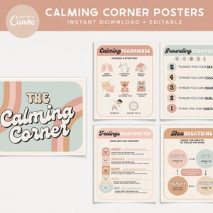 Calming Corner Editable Classroom Printables, Calm Down Skills, Cute Retro Canva Classroom Decor - INSTANT DOWNLOAD PDFs + Editable Template
