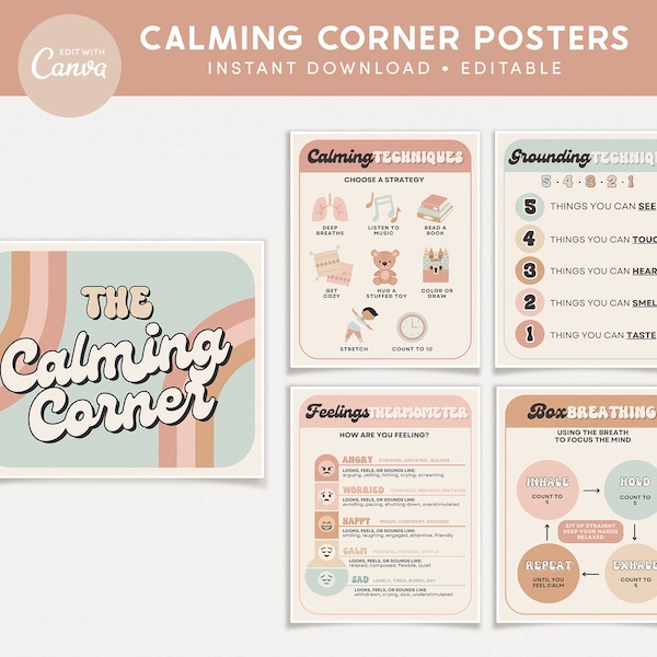 Imprimibles de aula editables de rincón calmante, habilidades para calmarse, linda decoración retro del aula de Canva - DESCARGA INSTANTÁNEA de archivos PDF + plantilla editable