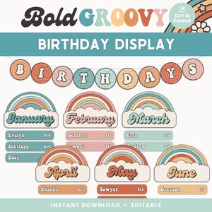 Afdrukbare display verjaardag klas, bewerkbaar in canva, Groovy Retro decor klasmanagement, pdf's + sjablonen voor docent afbeelding 1
