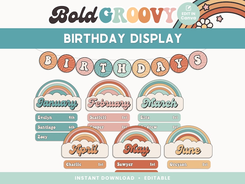 Afdrukbare display verjaardag klas, bewerkbaar in canva, Groovy Retro decor klasmanagement, pdf's + sjablonen voor docent afbeelding 1