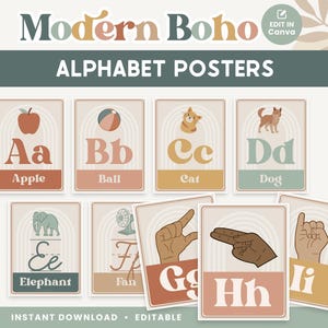 Alphabet Classroom Editable Posters, Letter Templates, Boho Canva Classroom Decor - PDFs + Editable Templates