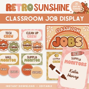 Classroom Job Display, Editable Canva Templates, Retro Sunshine Classroom Decor, Teacher Management, PDFs + Templates