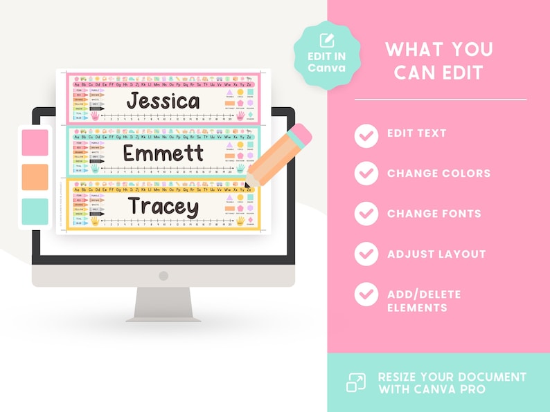 Puede incluir: Un monitor de ordenador muestra tres etiquetas con los nombres Jessica, Emmett y Tracey. Las etiquetas son coloridas y presentan un dise&ntilde;o de regla. La imagen tambi&eacute;n incluye el texto "Edit in Canva" y "What You Can Edit."