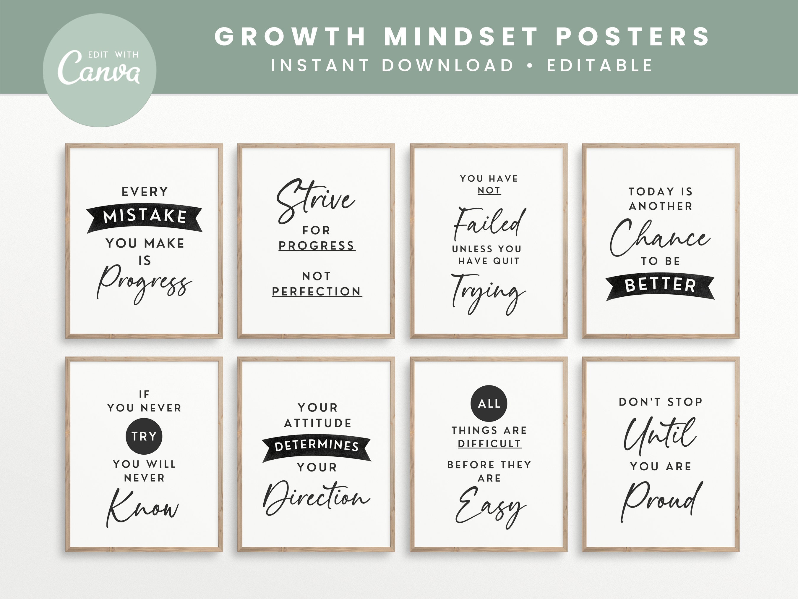 Growth Mindset Editable Classroom Printable Posters, Classroom Quotes, Classroom Decor, INSTANT DOWNLOAD - 8x10 and Editable Canva Templates