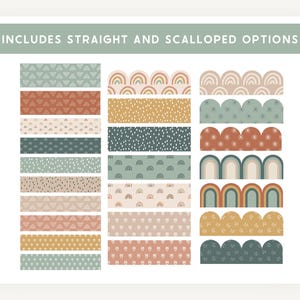 May include: A set of 18 digital printable borders with a variety of patterns, including rainbows, dots, and geometric shapes. The borders are available in both straight and scalloped options.  Includes Straight and Scalloped Options.
