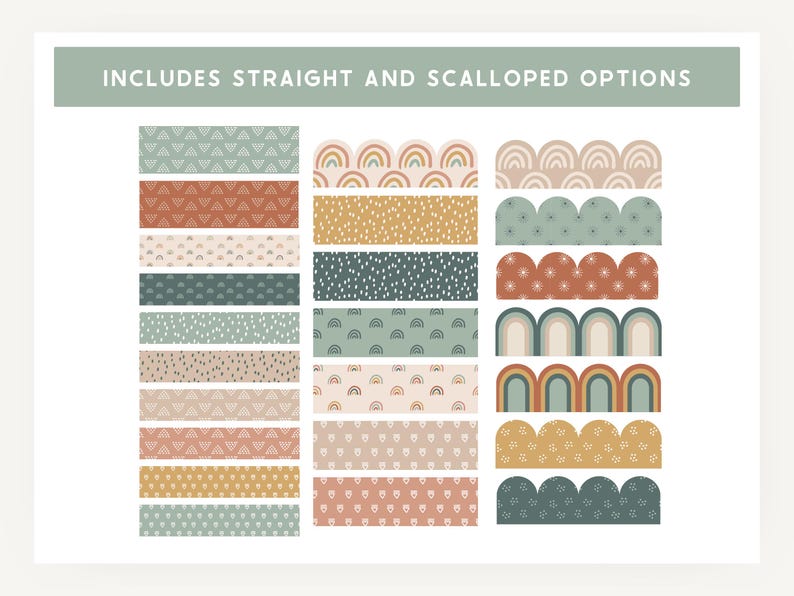 May include: A set of 18 digital printable borders with a variety of patterns, including rainbows, dots, and geometric shapes. The borders are available in both straight and scalloped options.  Includes Straight and Scalloped Options.