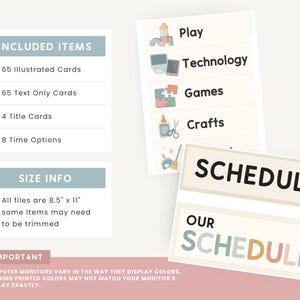 Może przedstawiać: Zestaw kart harmonogramu do wydruku ze słowami "SCHEDULE" i "OUR SCHEDULE". Karty zawierają sekcje dla "Play", "Technology", "Games" i "Crafts". Dołączone elementy to 65 ilustrowanych kart, 65 kart tekstowych, 4 karty tytułowe i 8 opcji czasu. Rozmiar to 21,6 cm x 27,9 cm.