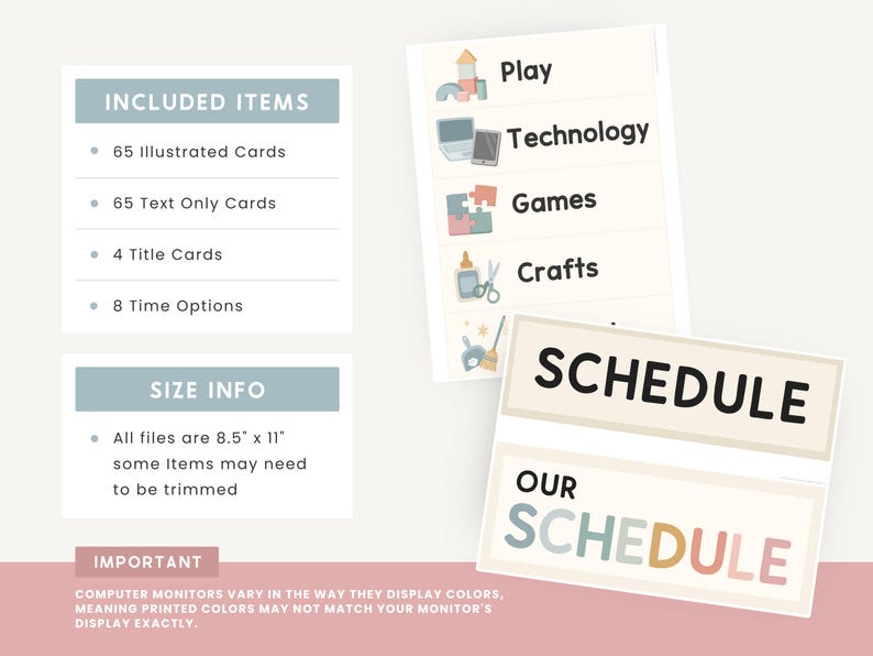 Może przedstawiać: Zestaw kart harmonogramu do wydruku ze słowami "SCHEDULE" i "OUR SCHEDULE". Karty zawierają sekcje dla "Play", "Technology", "Games" i "Crafts". Dołączone elementy to 65 ilustrowanych kart, 65 kart tekstowych, 4 karty tytułowe i 8 opcji czasu. Rozmiar to 21,6 cm x 27,9 cm.