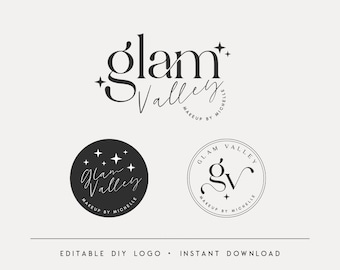 Puede incluir: Tres diseños de logo para un negocio de maquillaje llamado "Glam Valley" de Michelle. El primer logo es una escritura a mano con una estrella. El segundo logo es un círculo con fondo negro y estrellas blancas y el texto "Glam Valley" en escritura a mano. El tercer logo es un círculo con el texto "Glam Valley" en una fuente estilizada y las letras "GV" en una fuente de escritura.
