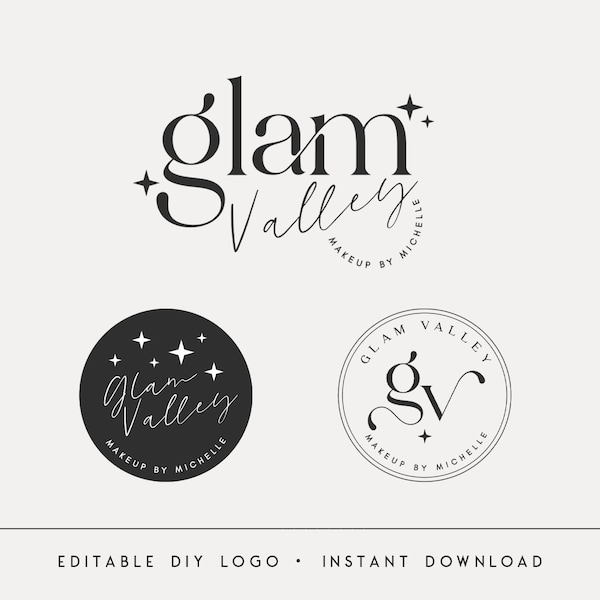 Editable Logo Designs, DIY Retro Boho Logo, Cute Beauty Logo, Salon Circle Logo Template, Glam Hair Logo with Watermarks, Instant Download