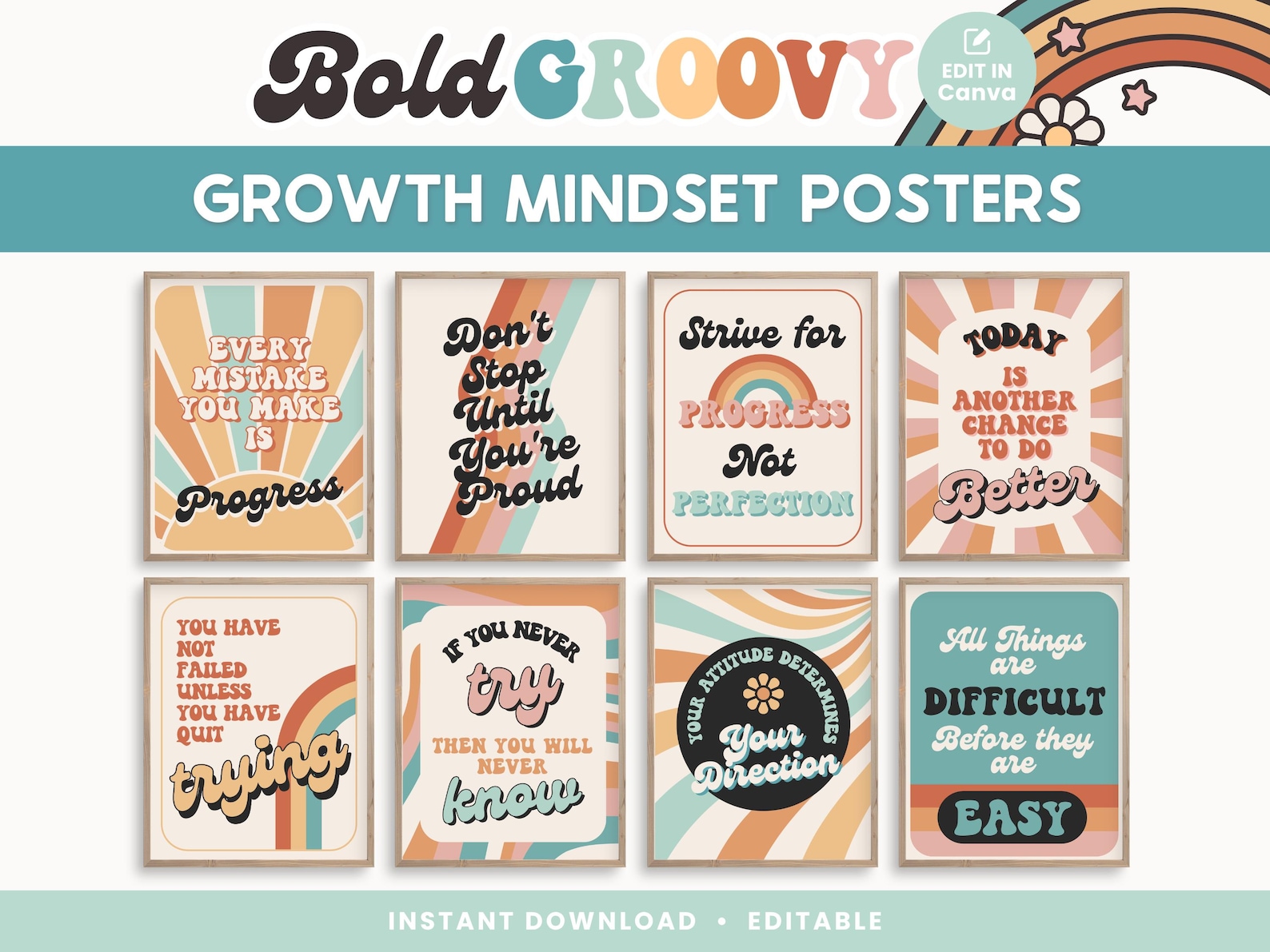 Growth Mindset Editable Classroom Printable Posters, Groovy Retro ...
