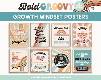 Groeimindset bewerkbare klaslokaal afdrukbare posters, groovy retro klaslokaaldecor, INSTANT DOWNLOAD - pdf's + canvasjablonen