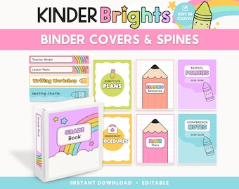 Classroom Binder Covers and Spines, Editable Colorful Cute Teacher Organization, PDFs + Canva Editable Templates