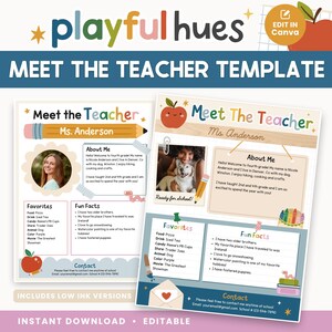 Puede incluir: Una plantilla colorida "Meet the Teacher" con el texto "Playful Hues". El diseño incluye un gráfico de manzana, un lápiz y espacio para una foto e información. La plantilla es editable y está disponible para descarga instantánea.