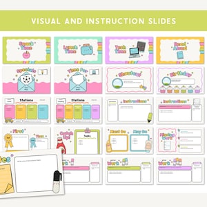 May include: A collection of colorful visual and instruction slides with text such as "Snack Time," "Lunch Time," and "Tech Time." The slides feature various illustrations and are designed with a playful, educational theme. The top banner reads "VISUAL AND INSTRUCTION SLIDES."