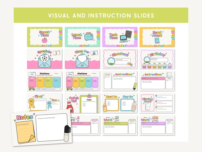 May include: A collection of colorful visual and instruction slides with text such as "Snack Time," "Lunch Time," and "Tech Time." The slides feature various illustrations and are designed with a playful, educational theme. The top banner reads "VISUAL AND INSTRUCTION SLIDES."