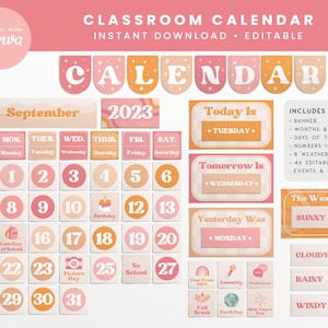 Classroom Calendar Display and Weather Station, Editable Printable Bundle, Retro Pink Boho Classroom Decor, PNG, PDF + Canva Editable Files