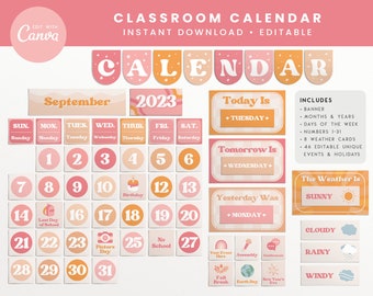 Classroom Calendar Display and Weather Station, Editable Printable Bundle, Retro Pink Boho Classroom Decor, PNG, PDF + Canva Editable Files