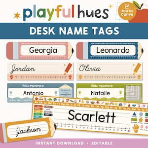 May include: A selection of desk name tags with the text "Playful Hues" at the top. The tags display names such as "Georgia," "Leonardo," and "Scarlett," alongside educational features like rulers and colour charts. The design incorporates pencil and apple graphics.