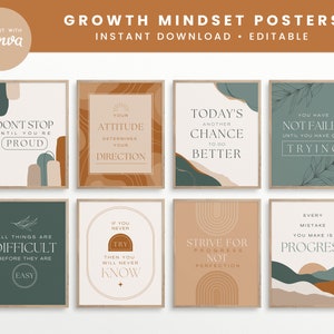 Growth Mindset Editable Classroom Printable Posters, Elegant Boho Classroom Decor Quotes, INSTANT DOWNLOAD - 8x10, Editable Canva Templates