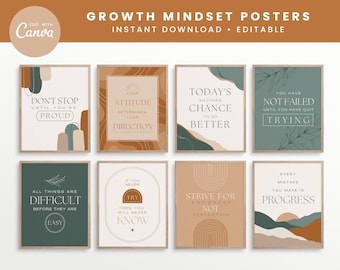 Growth Mindset Editable Classroom Printable Posters, Elegant Boho Classroom Decor Quotes, INSTANT DOWNLOAD - 8x10, Editable Canva Templates