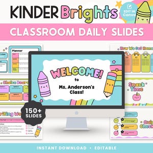 Könnte beinhalten: Eine digitale Klassenzimmerpräsentation mit dem Titel "Kinder Brights Classroom Daily Slides" mit einem Computermonitor, der eine Willkommensnachricht anzeigt. Das Bild enthält verschiedene Folienvorlagen, wie z. B. einen Planer, eine Auswahltafel und einen Schreibworkshop, mit farbenfrohen Illustrationen.