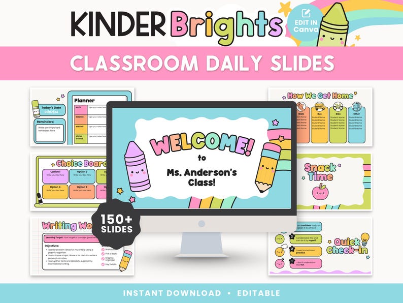 May include: A digital classroom presentation titled "Kinder Brights Classroom Daily Slides" with a computer monitor displaying a welcome message. The image includes various slide templates, such as a planner, choice board, and writing workshop, with colorful illustrations.