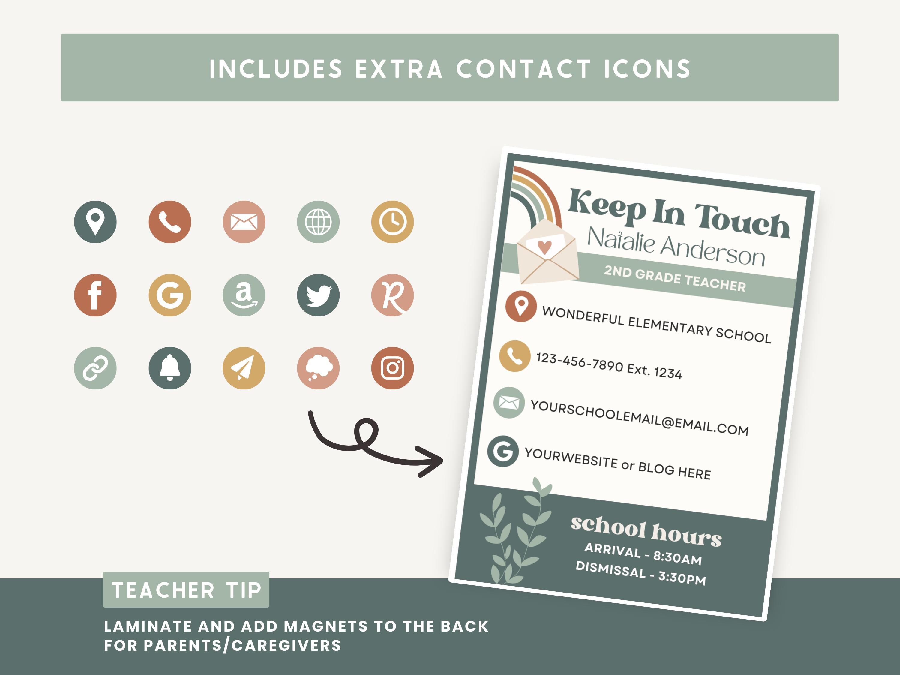 Teacher Contact Cards Classroom Printable Template, Teacher ...