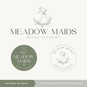 編集可能なロゴデザイン、DIY Canva ハウスクリーニングロゴ、エレガントなロゴ、クリーニングサービスロゴ、緑のロゴ、透かしロゴ、即時ダウンロード