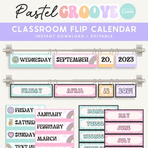 Klassenzimmer Flip-Kalenderanzeige, Pastell Groovy Klassenzimmer Dekor, bearbeitbare druckbare Klassenzimmermanagement, Canva bearbeitbare Dateien
