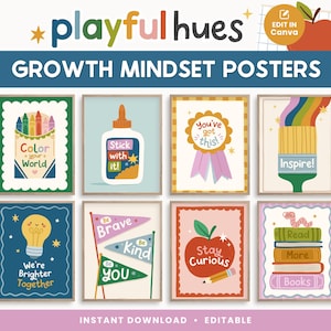 Puede incluir: Una colección de ocho carteles coloridos sobre mentalidad de crecimiento. Cada cartel presenta ilustraciones únicas y frases motivadoras, incluyendo una caja de lápices de colores, un bote de pegamento y una manzana. Los carteles están diseñados con fuentes lúdicas y colores brillantes.