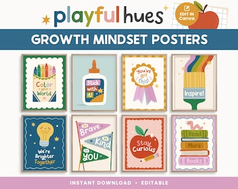 Bewerkbare posters voor groeimindset | Speelse tinten klasdecor | Canvasposters | Kleurrijk thuisonderwijsklas | Grappig terug naar school