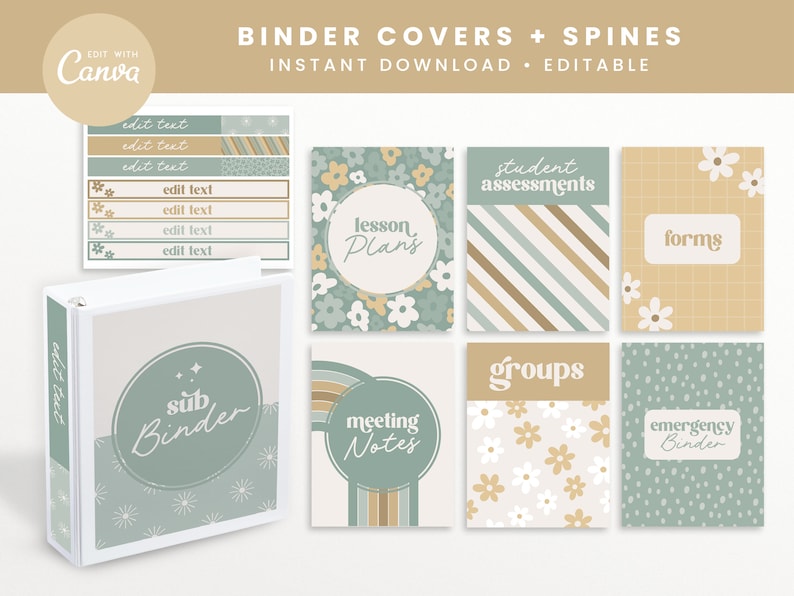 May include: A set of printable binder covers and spines with a green and brown color scheme. The covers feature various designs including flowers, stripes, polka dots, and rainbows. The text on the covers includes "lesson plans", "student assessments", "forms", "sub binder", "meeting notes", "groups", and "emergency binder".