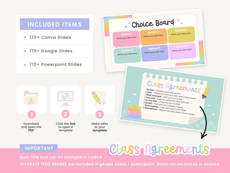 May include: Digital educational templates with the text "Included Items", "Choice Board", and "Class Agreements". The templates include 170+ Canva, Google, and Powerpoint slides. Instructions are provided for downloading, opening, and editing the templates.